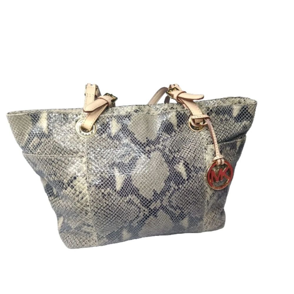 Michael Kors North South Tote Python Print Beige Black Leather Handbag